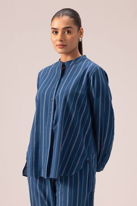 Label Shreya Sharma_Blue Handloom , Collared Striped Pant Set _Online_at_Aza_Fashions