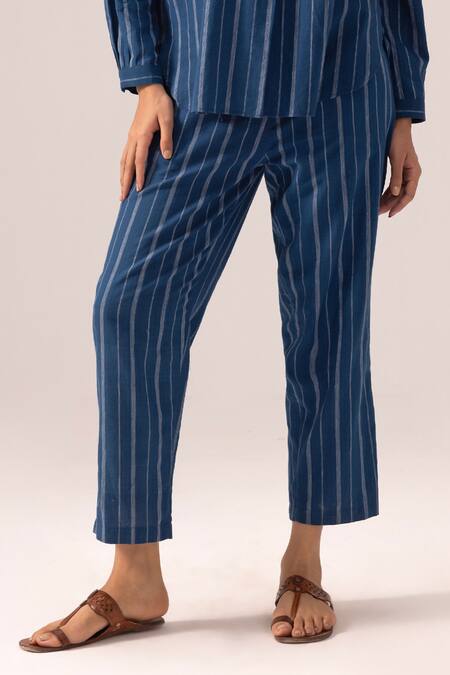 Buy_Label Shreya Sharma_Blue Handloom , Collared Striped Pant Set _Online_at_Aza_Fashions