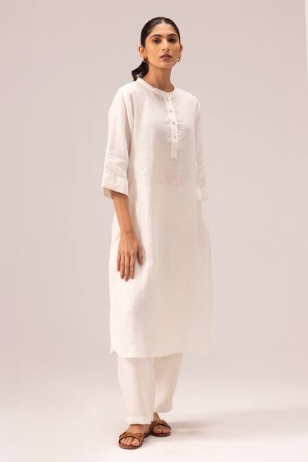 Label Shreya Sharma_White Handloom Cotton Embroidery Collared Handwoven Linen Kurta Set_Online_at_Aza_Fashions