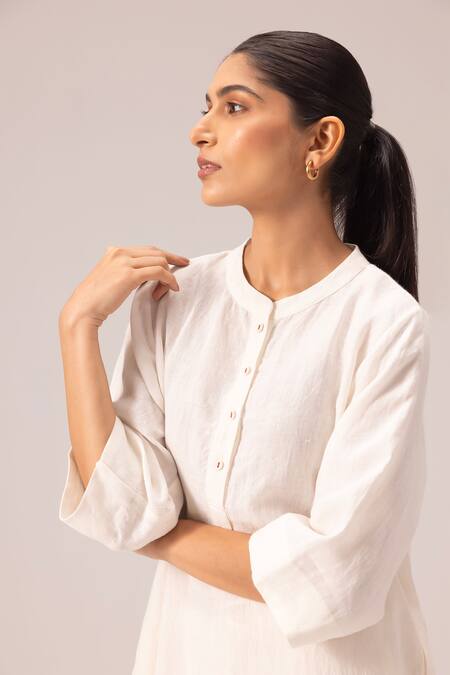 Label Shreya Sharma_White Handloom Cotton Embroidery Collared Handwoven Linen Kurta Set_at_Aza_Fashions