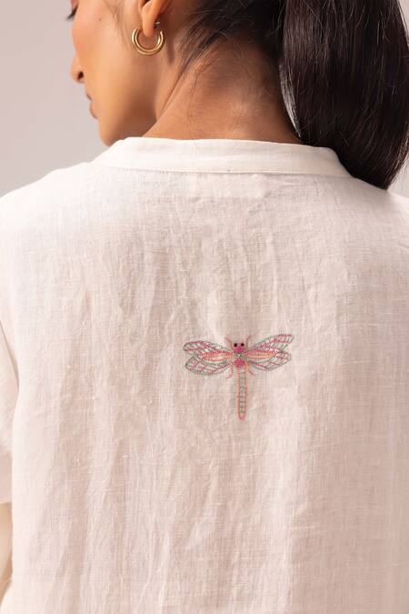 Buy_Label Shreya Sharma_White Handloom Cotton Embroidery Collared Handwoven Linen Kurta Set