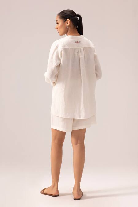 Shop Label Shreya Sharma White Handloom Cotton Embroidery Bandeau Neck Handwoven Linen Shirt And Shorts Set at Aza Fashions Shop_Label Shreya Sharma_White Handloom Cotton Embroidery Bandeau Neck Handwoven Linen Shirt And Shorts Set_at_Aza_Fashions