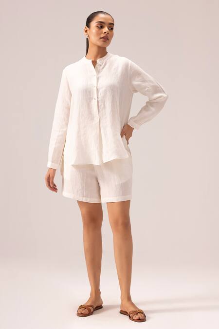 Label Shreya Sharma White Handloom Cotton Embroidery Bandeau Neck Handwoven Linen Shirt And Shorts Set Online at Aza Fashions Label Shreya Sharma_White Handloom Cotton Embroidery Bandeau Neck Handwoven Linen Shirt And Shorts Set_Online_at_Aza_Fashions