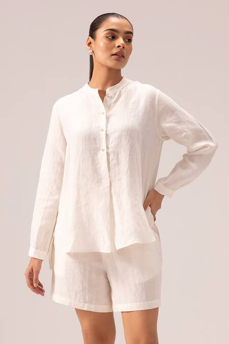 Buy Label Shreya Sharma White Handloom Cotton Embroidery Bandeau Neck Handwoven Linen Shirt And Shorts Set Online at Aza Fashions Buy_Label Shreya Sharma_White Handloom Cotton Embroidery Bandeau Neck Handwoven Linen Shirt And Shorts Set_Online_at_Aza_Fashions