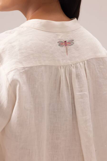 Shop Label Shreya Sharma White Handloom Cotton Embroidery Bandeau Neck Handwoven Linen Shirt And Shorts Set Online at Aza Fashions Shop_Label Shreya Sharma_White Handloom Cotton Embroidery Bandeau Neck Handwoven Linen Shirt And Shorts Set_Online_at_Aza_Fashions