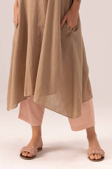 Label Shreya Sharma_Brown Cotton Embroidery V-neck Kaftan Style Kurta Set _Online_at_Aza_Fashions