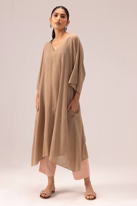 Buy_Label Shreya Sharma_Brown Cotton Embroidery V-neck Kaftan Style Kurta Set _Online_at_Aza_Fashions