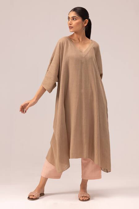 Shop_Label Shreya Sharma_Brown Cotton Embroidery V-neck Kaftan Style Kurta Set _Online_at_Aza_Fashions