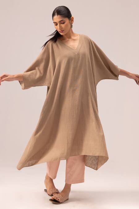 Label Shreya Sharma_Brown Cotton Embroidery V-neck Kaftan Style Kurta Set _at_Aza_Fashions