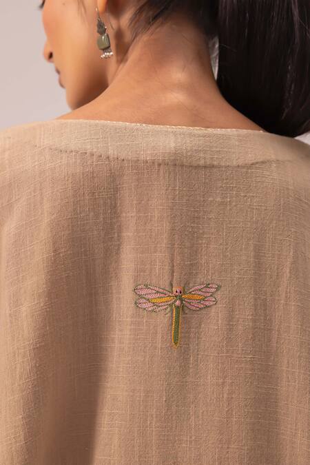 Buy_Label Shreya Sharma_Brown Cotton Embroidery V-neck Kaftan Style Kurta Set 