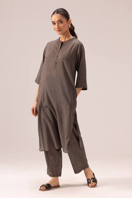 Label Shreya Sharma_Gray Handloom , Collared Grey Striped Handwoven Kurta Set_Online_at_Aza_Fashions