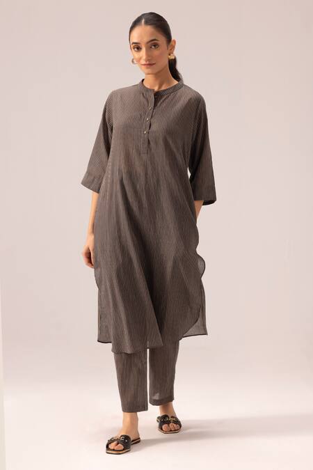 Shop_Label Shreya Sharma_Gray Handloom , Collared Grey Striped Handwoven Kurta Set_Online_at_Aza_Fashions