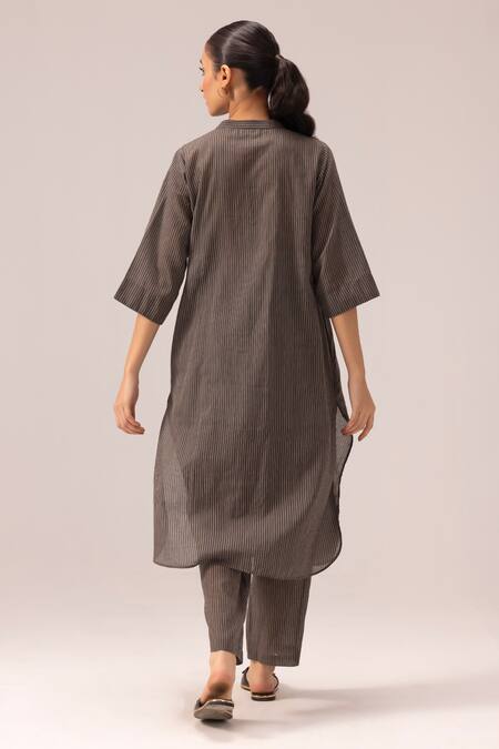 Shop_Label Shreya Sharma_Gray Handloom , Collared Grey Striped Handwoven Kurta Set_at_Aza_Fashions