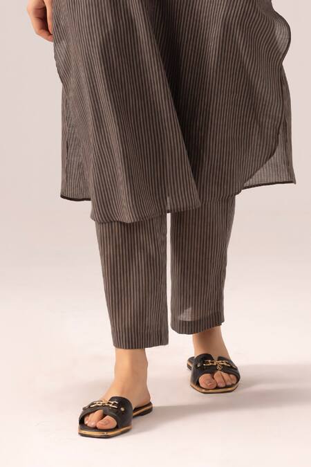 Label Shreya Sharma_Gray Handloom , Collared Grey Striped Handwoven Kurta Set_at_Aza_Fashions