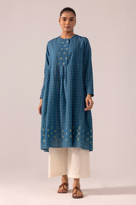 Label Shreya Sharma Blue Handloom Cotton Embroidery Collared Handwoven Jamdani Kurta 