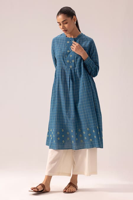 Buy_Label Shreya Sharma_Blue Handloom Cotton Embroidery Collared Handwoven Jamdani Kurta _Online_at_Aza_Fashions