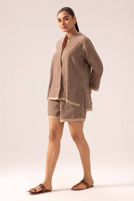 Buy_Label Shreya Sharma_Brown Cotton Mandarin Collar Handwoven Shirt And Shorts Set_Online_at_Aza_Fashions