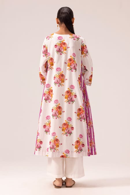 Shop Label Shreya Sharma White Cotton V-neck Floral Printed Choga Kurta Set at Aza Fashions Shop_Label Shreya Sharma_White Cotton V-neck Floral Printed Choga Kurta Set _at_Aza_Fashions
