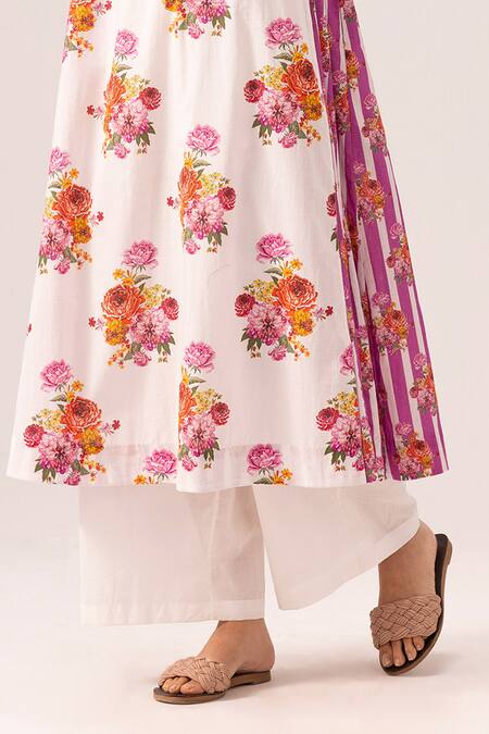 Buy Label Shreya Sharma White Cotton V-neck Floral Printed Choga Kurta Set Buy_Label Shreya Sharma_White Cotton V-neck Floral Printed Choga Kurta Set