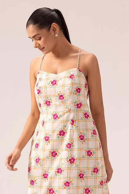 Shop_Label Shreya Sharma_White Cotton Tassels Sweetheart Neck Floral Print Backless Midi Dress _Online_at_Aza_Fashions