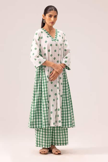 Label Shreya Sharma_White Cotton V-neck Green Printed Choga Kurta Set _Online_at_Aza_Fashions