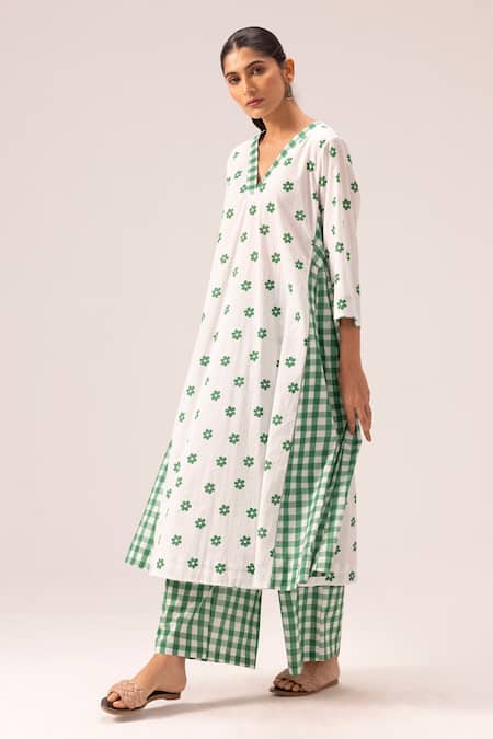 Shop_Label Shreya Sharma_White Cotton V-neck Green Printed Choga Kurta Set _Online_at_Aza_Fashions