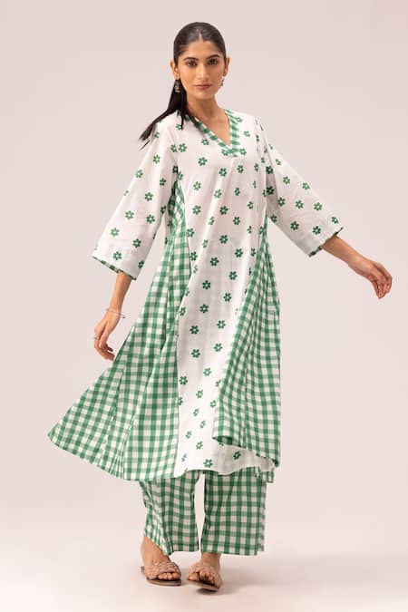 Label Shreya Sharma_White Cotton V-neck Green Printed Choga Kurta Set _at_Aza_Fashions