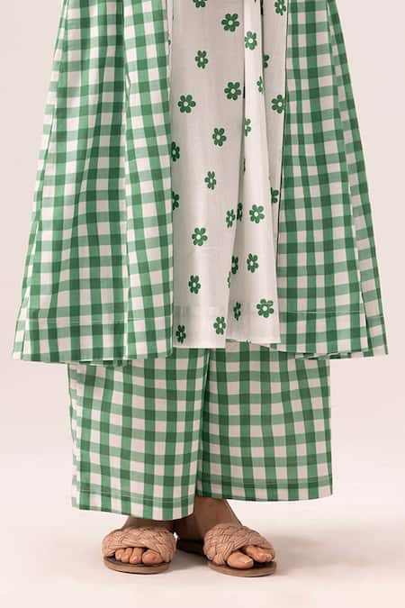 Buy_Label Shreya Sharma_White Cotton V-neck Green Printed Choga Kurta Set 