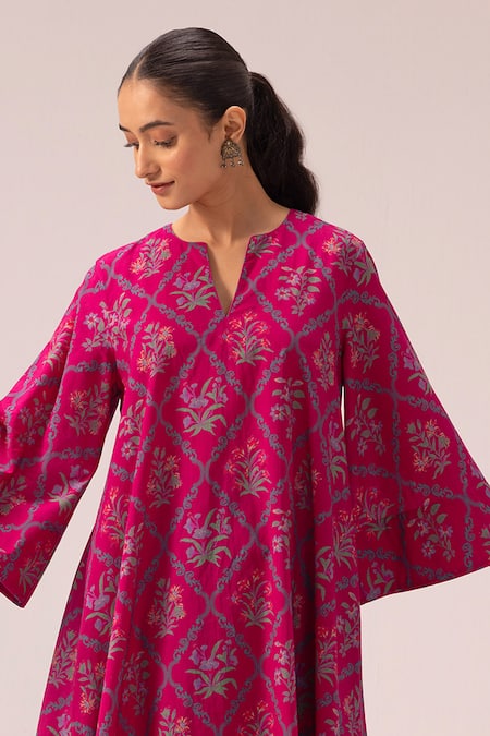 Shop_Label Shreya Sharma_Pink Cotton Round Neck Printed Bell Sleeve Kurta Set _Online_at_Aza_Fashions