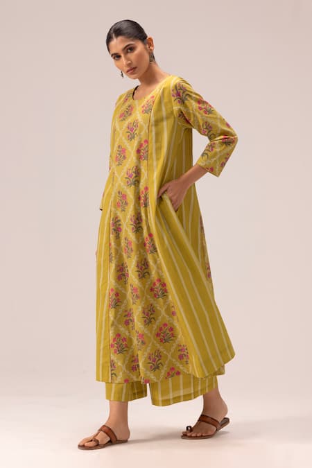 Buy_Label Shreya Sharma_Olive Green Cotton Embroidery Round Neck Printed Kurta Set _Online_at_Aza_Fashions