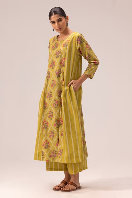 Shop_Label Shreya Sharma_Olive Green Cotton Embroidery Round Neck Printed Kurta Set _Online_at_Aza_Fashions