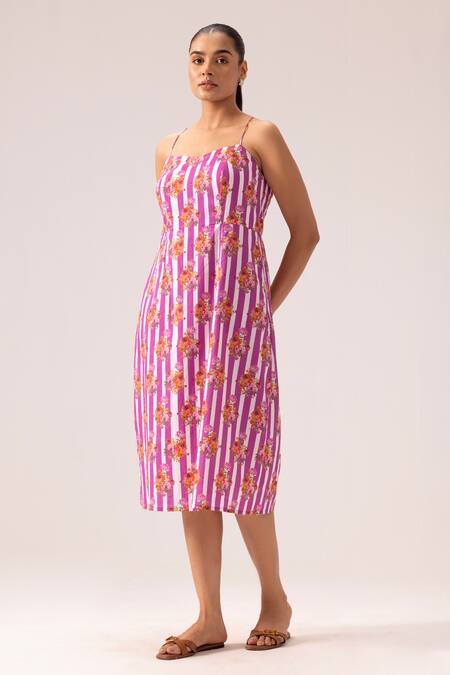 Label Shreya Sharma_Pink Cotton Tassels Sweetheart Neck Striped Handwoven Midi Dress _Online_at_Aza_Fashions