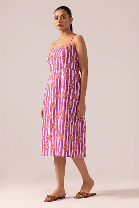Buy_Label Shreya Sharma_Pink Cotton Tassels Sweetheart Neck Striped Handwoven Midi Dress _Online_at_Aza_Fashions