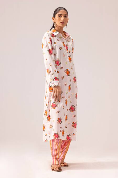 Label Shreya Sharma_White Cotton Collared Floral Print Kurta Set _Online_at_Aza_Fashions