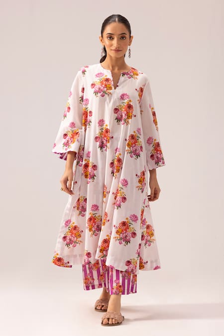 Buy_Label Shreya Sharma_White Cotton Round Neck Floral Print Kurta Set _Online_at_Aza_Fashions