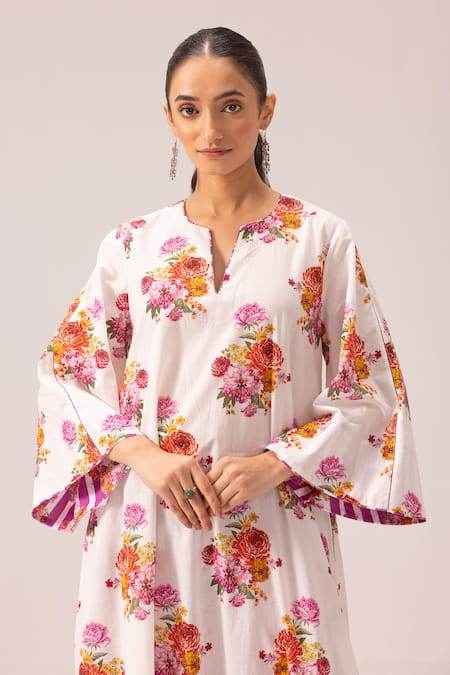 Shop_Label Shreya Sharma_White Cotton Round Neck Floral Print Kurta Set _Online_at_Aza_Fashions