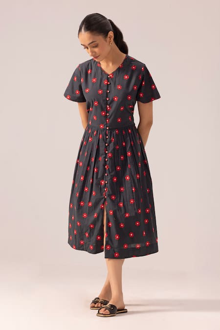 Label Shreya Sharma_Black Cotton Round Neck Floral Print Front-opening Midi Dress _Online_at_Aza_Fashions