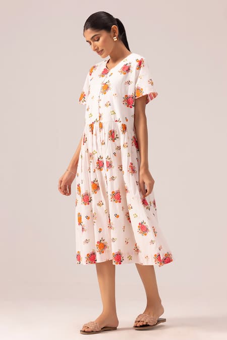 Label Shreya Sharma_White Cotton Round Neck Floral Print Front-opening Midi Dress _Online_at_Aza_Fashions