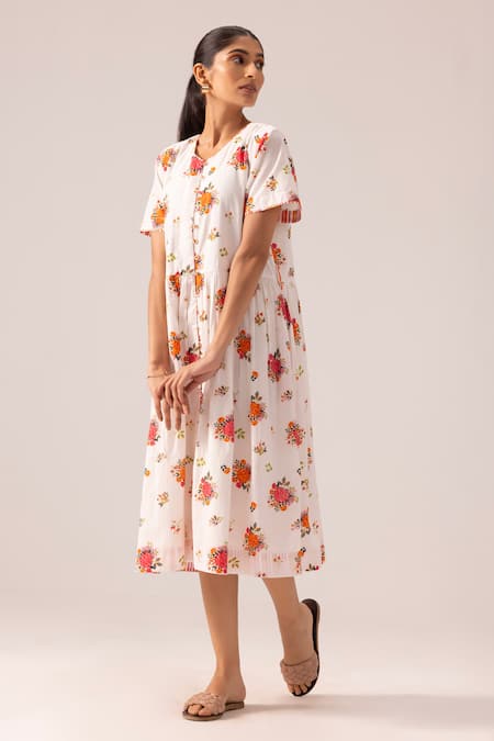 Buy_Label Shreya Sharma_White Cotton Round Neck Floral Print Front-opening Midi Dress _Online_at_Aza_Fashions
