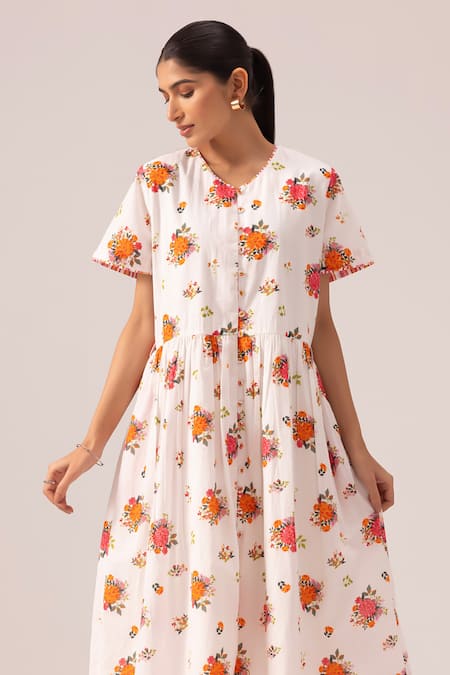 Shop_Label Shreya Sharma_White Cotton Round Neck Floral Print Front-opening Midi Dress _Online_at_Aza_Fashions