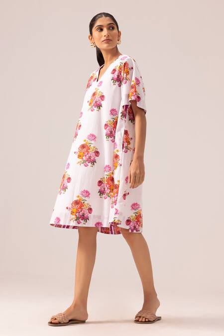 Label Shreya Sharma_White Cotton V-neck Floral Print Midi Dress _Online_at_Aza_Fashions