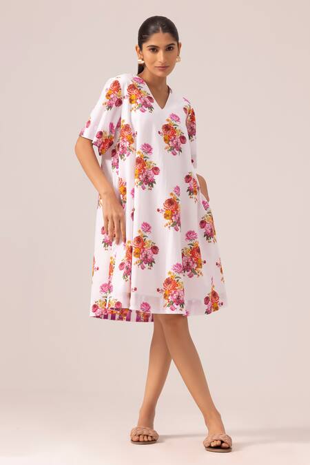 Buy_Label Shreya Sharma_White Cotton V-neck Floral Print Midi Dress _Online_at_Aza_Fashions