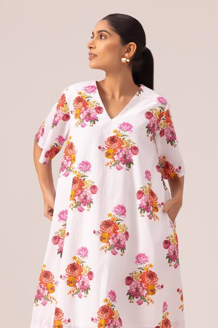 Shop_Label Shreya Sharma_White Cotton V-neck Floral Print Midi Dress _Online_at_Aza_Fashions