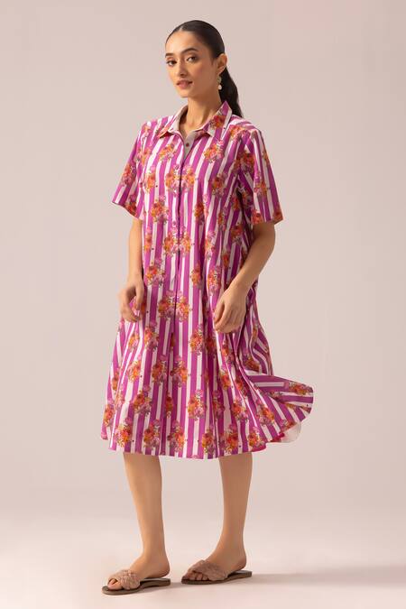 Label Shreya Sharma_Pink Cotton Collared Printed Midi Dress _Online_at_Aza_Fashions