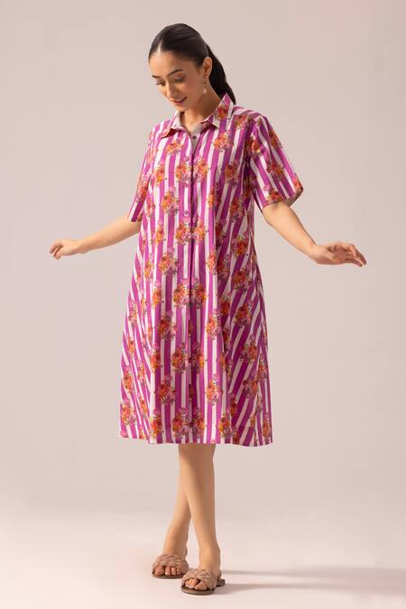 Buy_Label Shreya Sharma_Pink Cotton Collared Printed Midi Dress _Online_at_Aza_Fashions