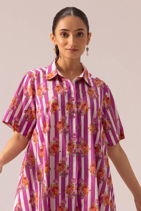 Shop_Label Shreya Sharma_Pink Cotton Collared Printed Midi Dress _Online_at_Aza_Fashions