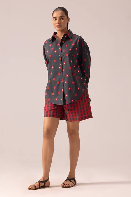 Label Shreya Sharma Red Cotton Collared Floral Printed Shirt And Shorts Set Online at Aza Fashions Label Shreya Sharma_Red Cotton Collared Floral Printed Shirt And Shorts Set _Online_at_Aza_Fashions