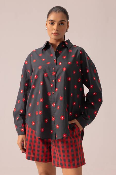 Buy Label Shreya Sharma Red Cotton Collared Floral Printed Shirt And Shorts Set Online at Aza Fashions Buy_Label Shreya Sharma_Red Cotton Collared Floral Printed Shirt And Shorts Set _Online_at_Aza_Fashions