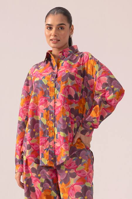 Buy_Label Shreya Sharma_Multi Color Cotton Collared Multicolor Printed Shirt And Pant Set _Online_at_Aza_Fashions