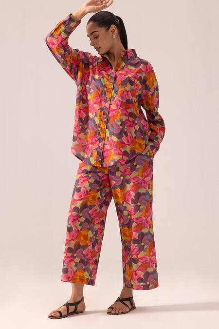 Shop_Label Shreya Sharma_Multi Color Cotton Collared Multicolor Printed Shirt And Pant Set _Online_at_Aza_Fashions